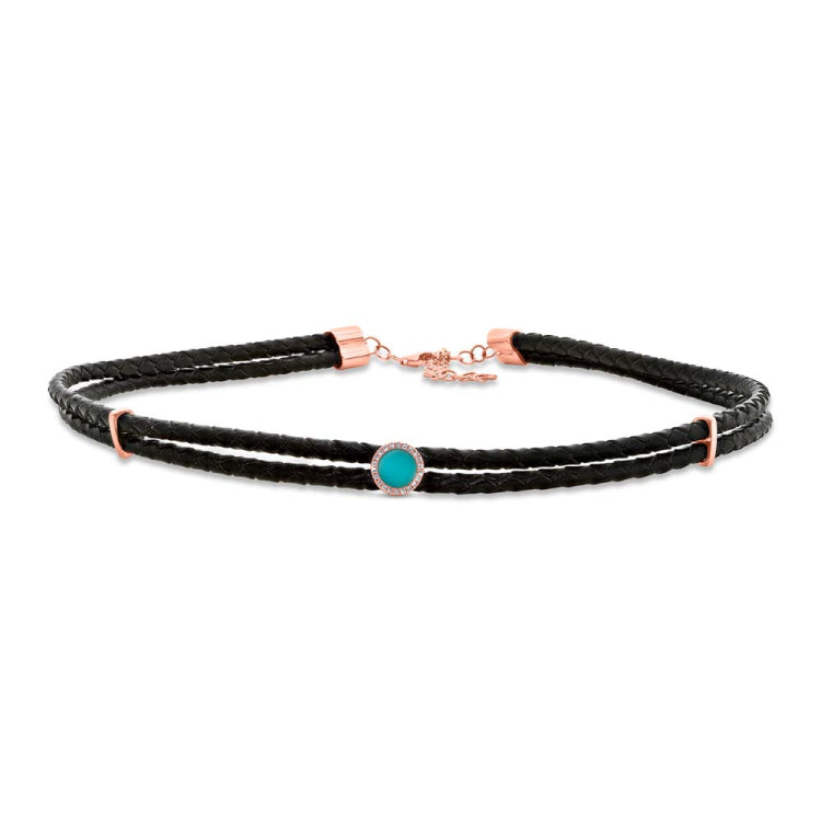 0.06ct Diamond & 0.45ct Composite Turquoise 14k Rose Gold Circle Cord Choker Necklace