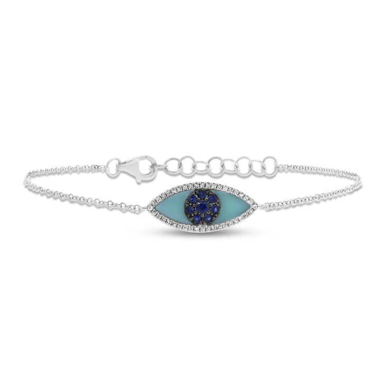 0.09ct Diamond & 0.62ct Blue Sapphire & Turquoise 14k White Gold Eye Bracelet