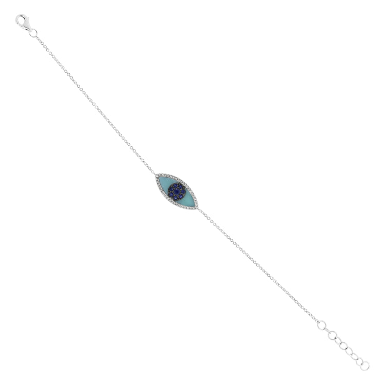 0.09ct Diamond & 0.62ct Blue Sapphire & Turquoise 14k White Gold Eye Bracelet