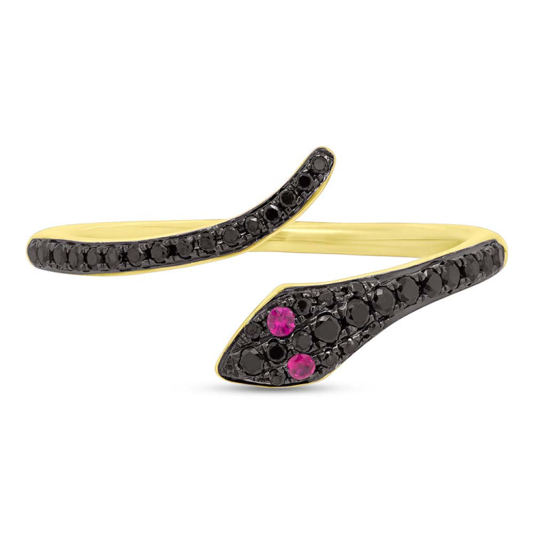 0.20ct Black Diamond & 0.03ct Ruby 14k Yellow Gold Snake Ring