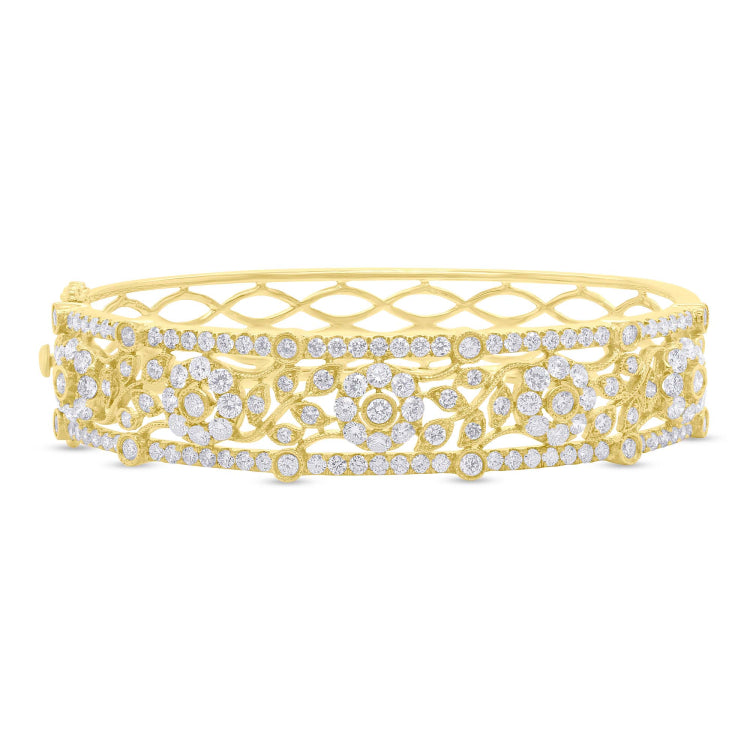 4.48ct 14k Yellow Gold Diamond Flower Bangle