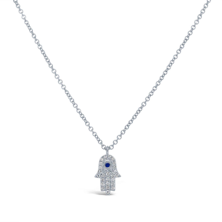 0.07ct Diamond & 0.01ct Blue Sapphire 14k White Gold Hamsa Necklace