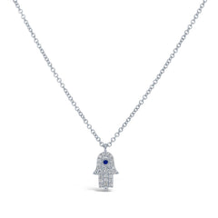 0.07ct Diamond & 0.01ct Blue Sapphire 14k White Gold Hamsa Necklace