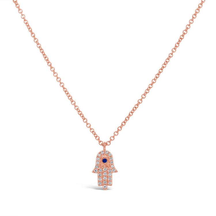 0.07ct Diamond & 0.01ct Blue Sapphire 14k Rose Gold Hamsa Necklace