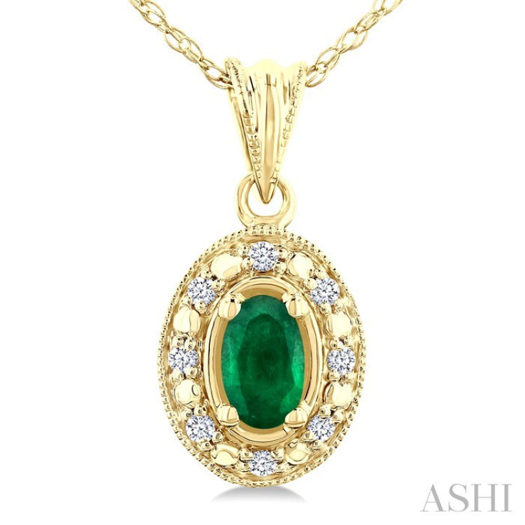5x3 MM Oval Shape Emerald and 1/20 Ctw Round Cut Diamond Pendant in 14K Yellow Gold with Chain