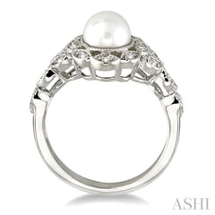 6.5 MM Cultured Pearl and 1/8 Ctw Round Cut Diamond Ring in 10K White Gold