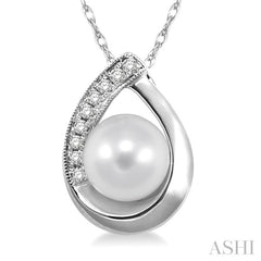 6.5 MM Round Shape Cultured Pearl and 1/20 Ctw Round Cut Diamond Pendant in 10K White Gold with Chain