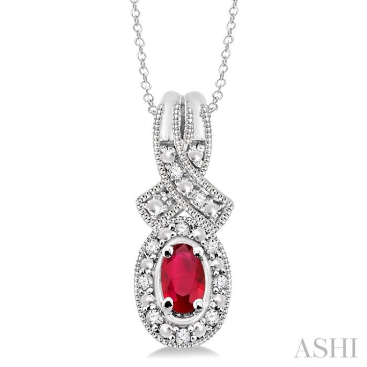 5x3 MM Oval Cut Ruby and 1/50 Ctw Round Cut Diamond Pendant in Sterling Silver with Chain