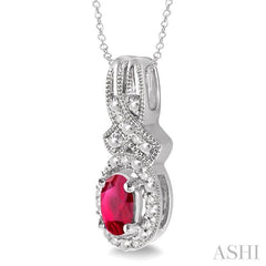 5x3 MM Oval Cut Ruby and 1/50 Ctw Round Cut Diamond Pendant in Sterling Silver with Chain