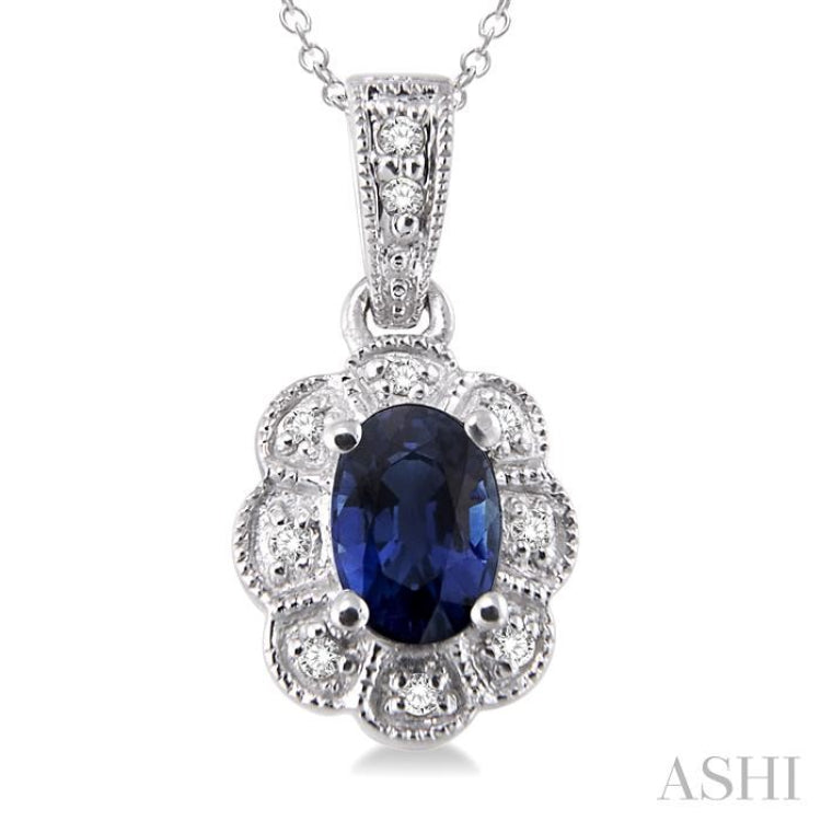 6x4 MM Oval Cut Sapphire and 1/20 Ctw Round Cut Diamond Pendant in Sterling Silver with Chain