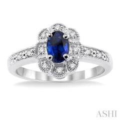 6x4 MM Oval Cut Sapphire and 1/20 Ctw Single Cut Diamond Ring in Sterling Silver