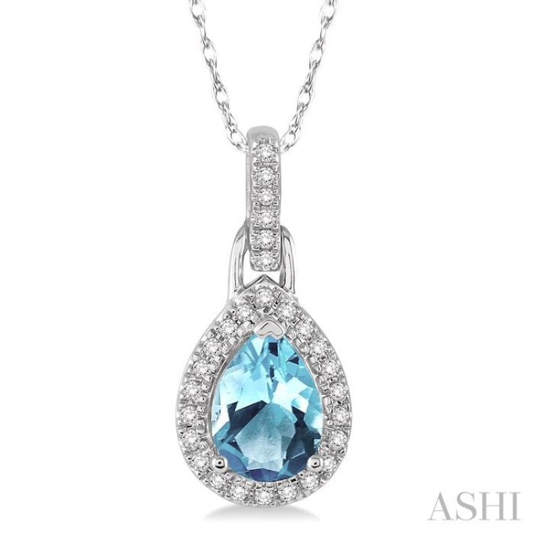 7x5 MM Pear Shape Aquamarine and 1/10 Ctw Round Cut Diamond Pendant in 10K White Gold with Chain