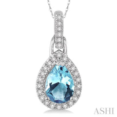 7x5 MM Pear Shape Aquamarine and 1/10 Ctw Round Cut Diamond Pendant in 10K White Gold with Chain