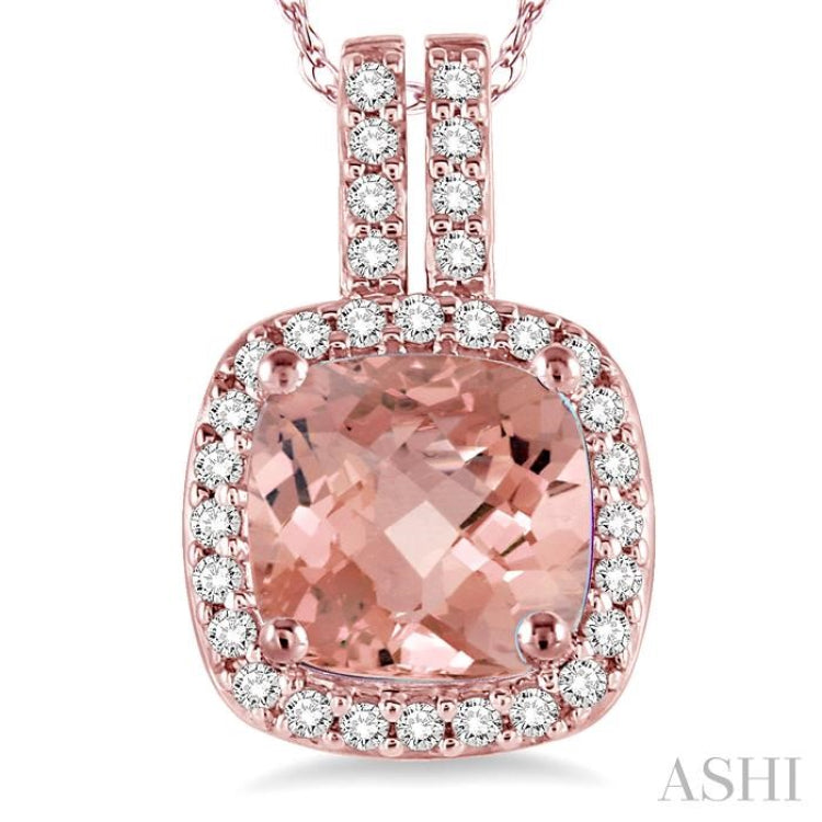 7x7 MM Cushion Shape Morganite and 1/5 Ctw Round Cut Diamond Pendant in 14K Rose Gold with Chain