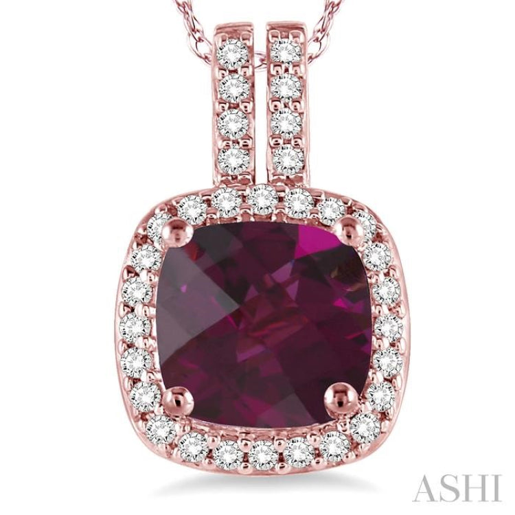 7x7 MM Cushion Shape Rhodolite Garnet and 1/5 Ctw Round Cut Diamond Pendant in 14K Rose Gold with Chain