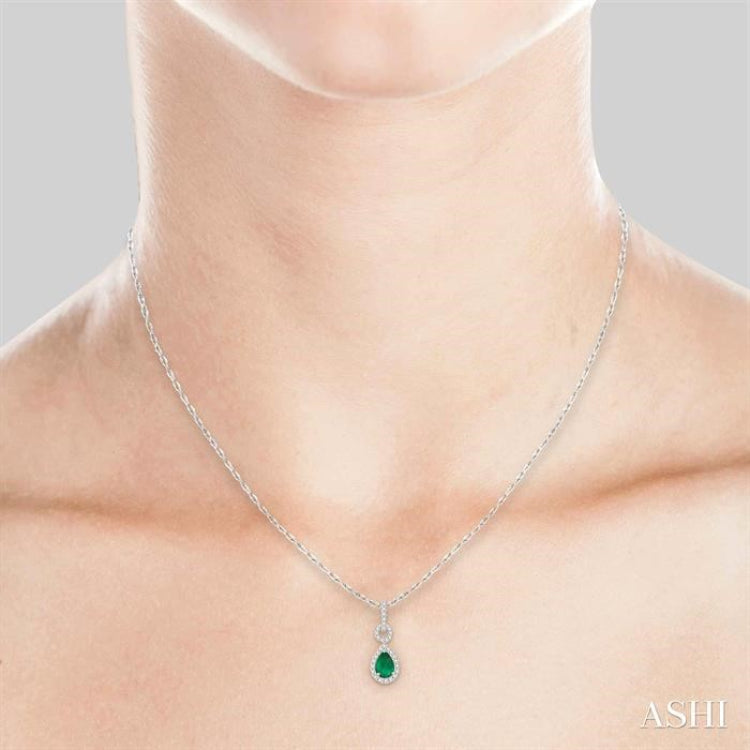 6x4 MM Pear Cut Drop Emerald and 1/6 Ctw Round Cut Diamond Precious Pendant in 10K White Gold with chain