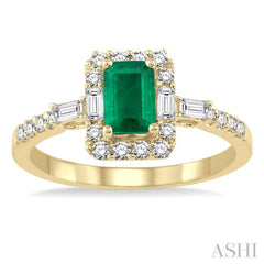 6x4 MM Octagon Cut Emerald and 1/2 Ctw Round Cut Diamond Precious Ring in 14K Yellow Gold