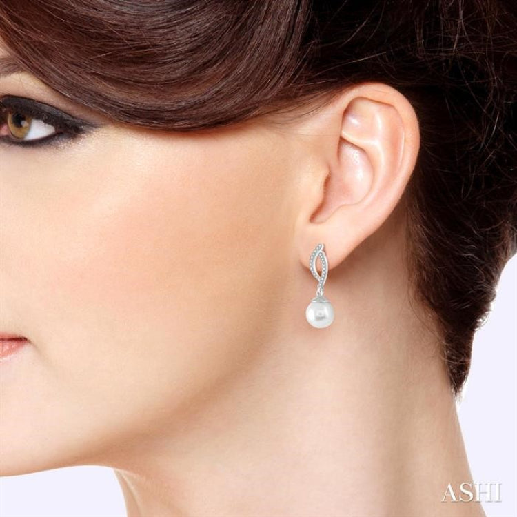 7x7 MM Round Cut Cultured Pearls and 1/6 Ctw Round Cut Diamond Earrings in 14K White Gold