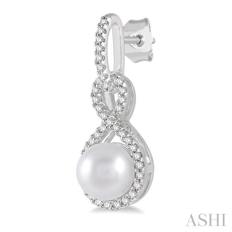 6x6 MM Round Shape Cultured Pearl and 1/4 Ctw Twisted Loop Round Cut Diamond Earrings in 10K White Gold