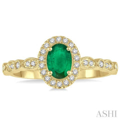 6x4 MM Oval Shape Emerald and 1/6 Ctw Round Cut Diamond Precious Ring in 10K Yellow Gold