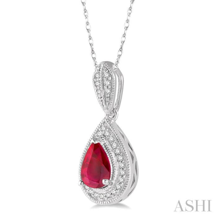 6x4 MM Pear Shape Ruby and 1/10 Ctw Round Cut Diamond Precious Pendant With Chain in 10K White Gold