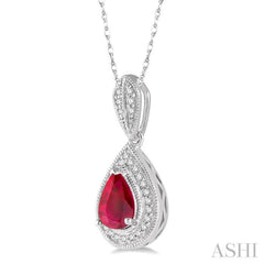 6x4 MM Pear Shape Ruby and 1/10 Ctw Round Cut Diamond Precious Pendant With Chain in 10K White Gold