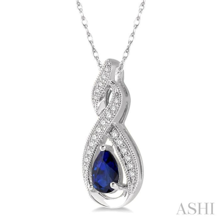 6x4 MM Entwined Pear Shape Sapphire and 1/10 Ctw Round Cut Diamond Precious Pendant With Chain in 10K White Gold
