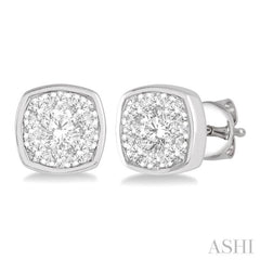 1/2 Ctw Cushion Shape Round Cut Diamond Lovebright Bezel Stud Earrings in 14K White Gold