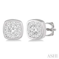 1/3 Ctw Cushion Shape Round Cut Diamond Lovebright Bezel Stud Earrings in 14K White Gold