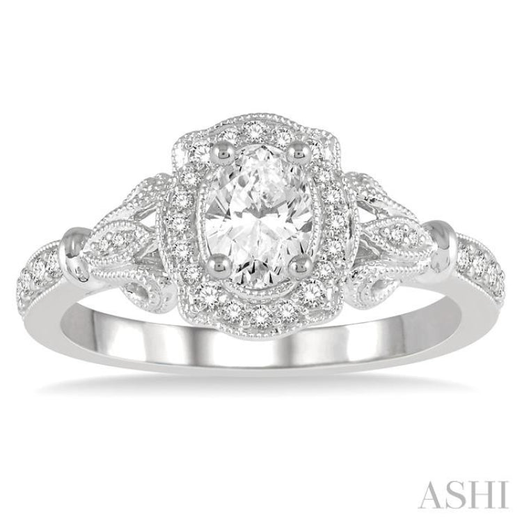 5/8 Ctw Lattice Shank Oval and Round Cut Diamond Ladies Engagement Ring with 3/8 Ct Oval Cut Center Stone in 14K White Gold