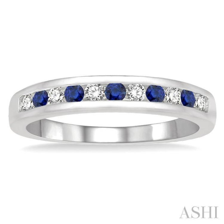 2 MM Sapphire and 1/5 Ctw Round Cut Diamond Precious Wedding Band in 14K White Gold