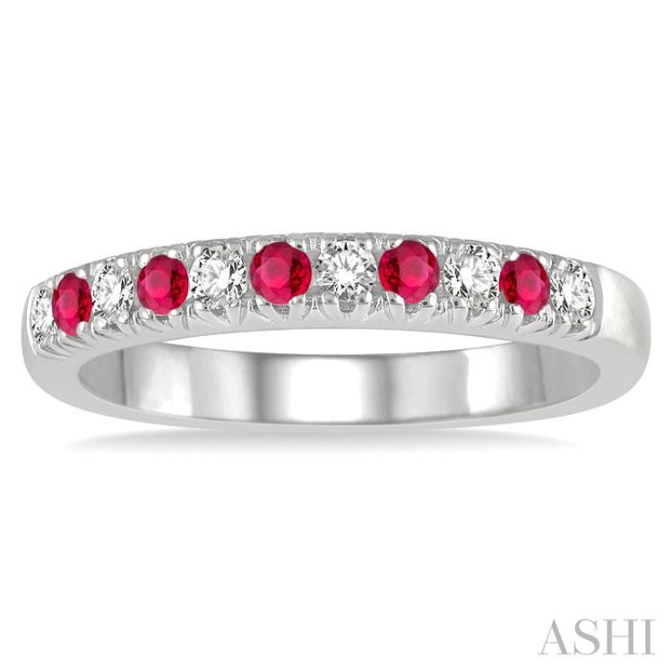 2 MM Round Shape Ruby and 1/5 Ctw Round Cut Diamond Precious Wedding Band in 14K White Gold