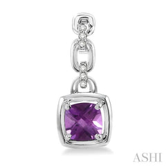 6x6 MM Cushion Checker Amethyst and 1/10 Ctw Single Cut Diamond Earrings in Sterling Silver