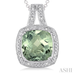 10x10 MM Cushion Shape Green Amethyst and 1/20 Ctw Single Cut Diamond Pendant in Sterling Silver with Chain