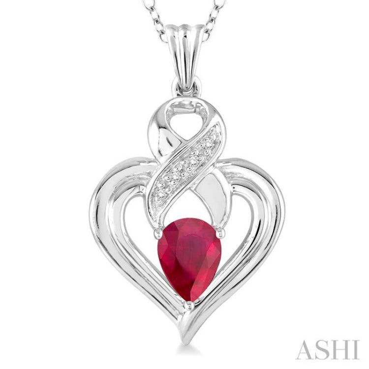6x4 MM Pear Shape Ruby and 1/50 Ctw Round Cut Diamond Pendant in Sterling Silver with Chain