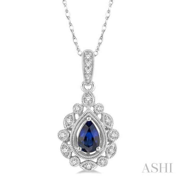 6x4 MM Pear Cut Sapphire and 1/8 Ctw Lattice Round Cut Diamond Precious Pendant With Chain in 10K White Gold