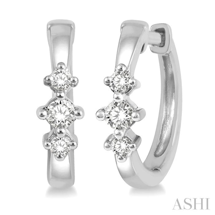 1/6 Ctw Three Stone Round Cut Diamond Huggie Petite Earrings in 10K White Gold