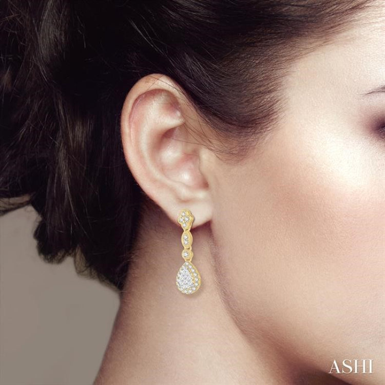 5/8 Ctw Pear Shape Halo Lovebright Round Cut Diamond Earrings in 14K Yellow and White Gold