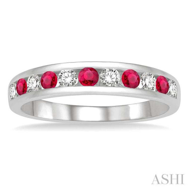2.3 MM Ruby and 1/4 Ctw Round Cut Diamond Precious Wedding Band in 14K White Gold