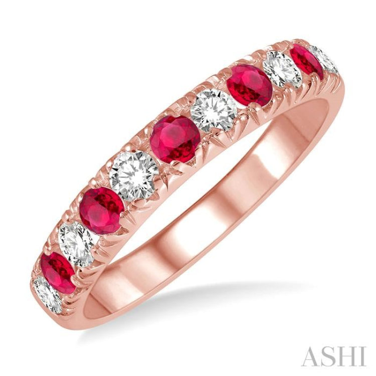 2.6 MM Ruby and 3/8 Ctw Round Cut Diamond Precious Wedding Band in 14K rose Gold
