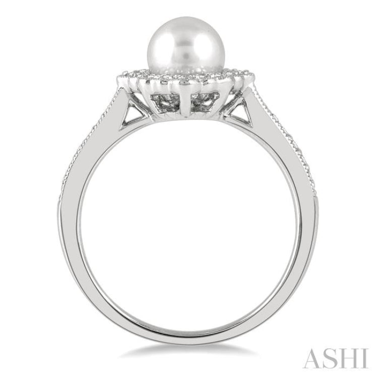 7 MM Cultured Pearl and 1/4 Ctw Round Cut Diamond Halo Ring in 10K White Gold