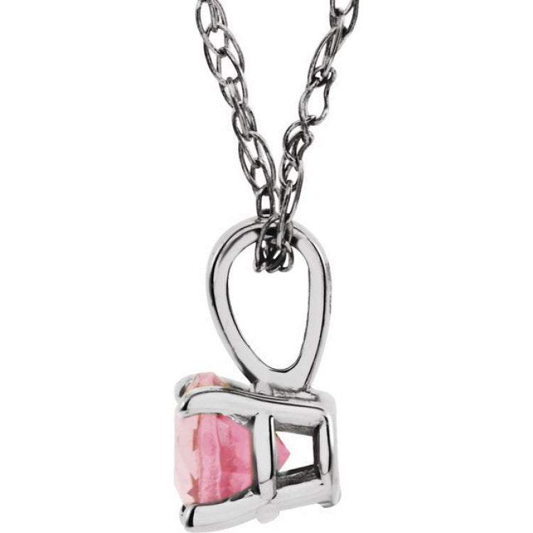 14K White 3 mm Imitation Pink Tourmaline Youth Solitaire 14" Necklace