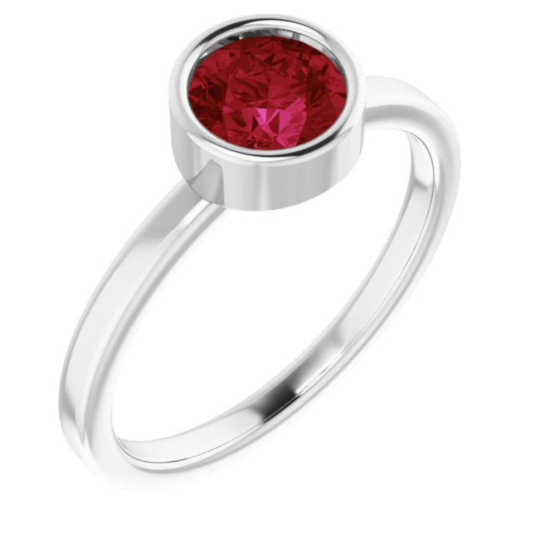 Rhodium-Plated Sterling Silver 6 mm Imitation Ruby Ring