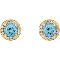 14K Yellow 4.5 mm Natural Blue Zircon & 1/6 CTW Natural Diamond Earrings