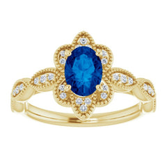 14K Yellow Lab-Grown Blue Sapphire & 1/8 CTW Natural Diamond Ring