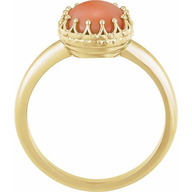 14K Yellow 5 mm Natural Pink Coral Crown Cabochon Ring
