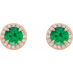 14K Rose 5 mm Lab-Grown Emerald & 1/8 CTW Natural Diamond Earrings
