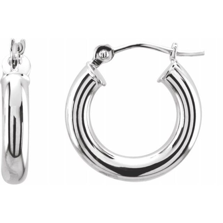 14K White 15 mm Tube Hoop Earrings
