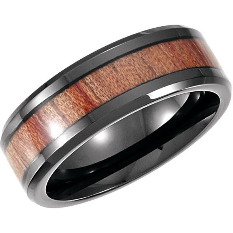 Black PVD Cobalt 8 mm Casted Wood Inlay Comfort-Fit Band Size 12.5