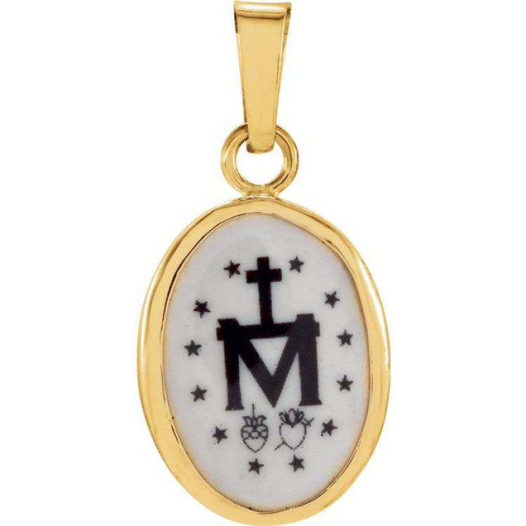 14K Yellow 13x10 mm Oval Hand Painted Porcelain Miraculous Medal